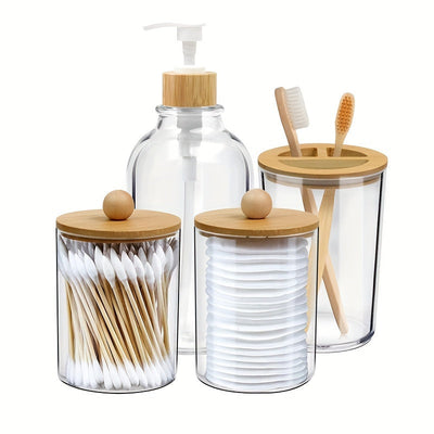 4 piezas de accesorios para baño: dispensador de jabón, frascos para hisopos, portacepillos, caja de almacenamiento decorativa estilo boho, decoración estética para baño, hogar, cocina y dormitorio