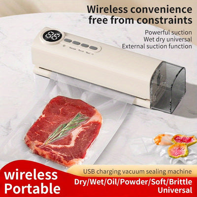 Un dispositivo de sellado hermético compacto alimentado por USB para la conservación de alimentos, con funcionamiento automático, pantalla digital, succión potente de 62Kpa, capacidades para inflar y extraer, un depósito de agua y un diseño magnético par