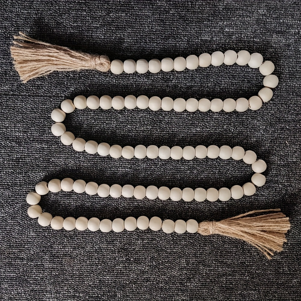 Guirnalda de cuentas de madera vintage con borlas de yute - 142cm Color madera natural, decoración para el hogar rústico para colgar o exhibir, estilo granja, no necesita electricidad, decoración de granja | Estética natural | Guirnalda de borlas de yute