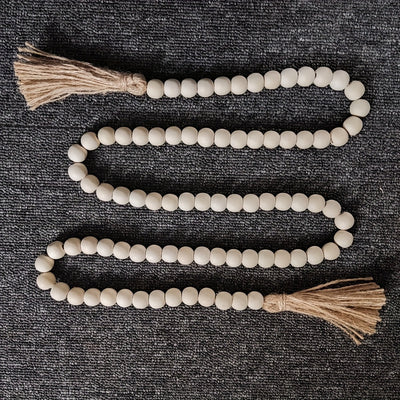 Guirnalda de cuentas de madera vintage con borlas de yute - 142cm Color madera natural, decoración para el hogar rústico para colgar o exhibir, estilo granja, no necesita electricidad, decoración de granja | Estética natural | Guirnalda de borlas de yute