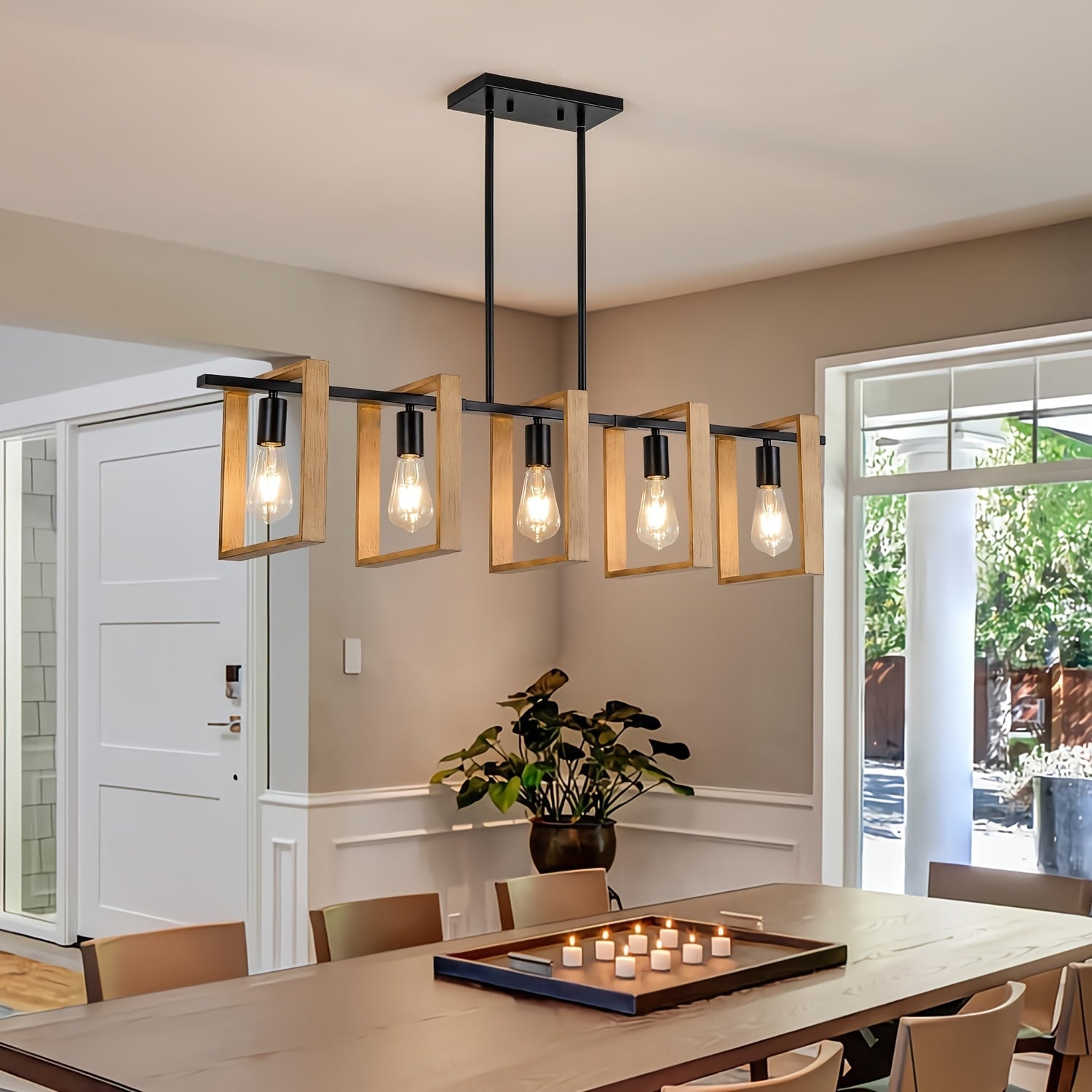 Luces de 5 Luces para Isla de Cocina, Lámpara Colgante Rústica para Comedor Estilo Granja, Araña Rectangular de Madera y Metal , Iluminación Suspendida para Sala de Estar o Bar, Base E26 (Bombillas No Incluidas)