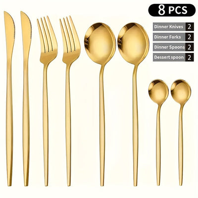8/24 piezas, juego de vajilla dorada elegante, incluye cuchillos para bistec, tenedores para ensalada, cucharas para cena y cucharas para postre, acero inoxidable pulido al espejo, duradero y apto para lavavajillas, adecuado para uso festivo.