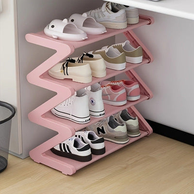 Organizador de zapatos de 4 niveles en forma de Z, caja de almacenamiento de plástico resistente con diseño curvo, fácil de armar, estante de pie ideal para sala o dormitorio, sin necesidad de herramientas, apilable y ahorrador de espacio, contenedor par