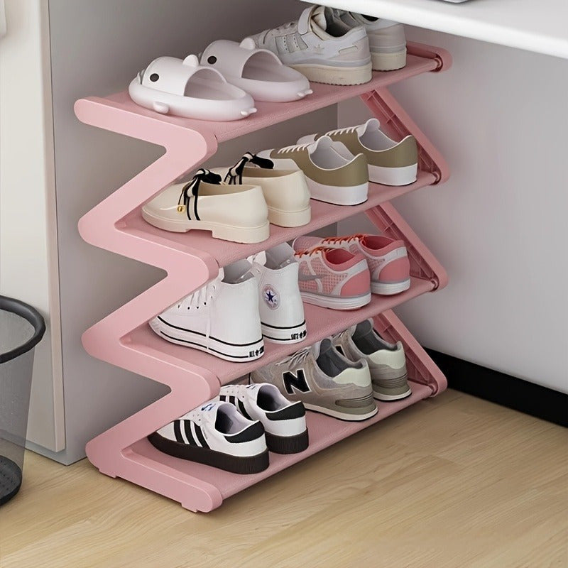 Estante de zapatos de 4 niveles en forma de Z, organizador de almacenamiento de plástico duradero con diseño curvo, fácil de ensamblar, estante de suelo adecuado para sala de estar o dormitorio, no requiere herramientas, pila y ahorra espacio, caja de al