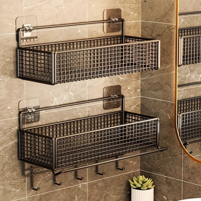 Organizador de pared metálico sin taladro - Estantes rústicos con diseño de rejilla para toallas, artículos de baño y papel higiénico, metal duradero resistente al óxido, fácil instalación, accesorios de baño seguros para la salud