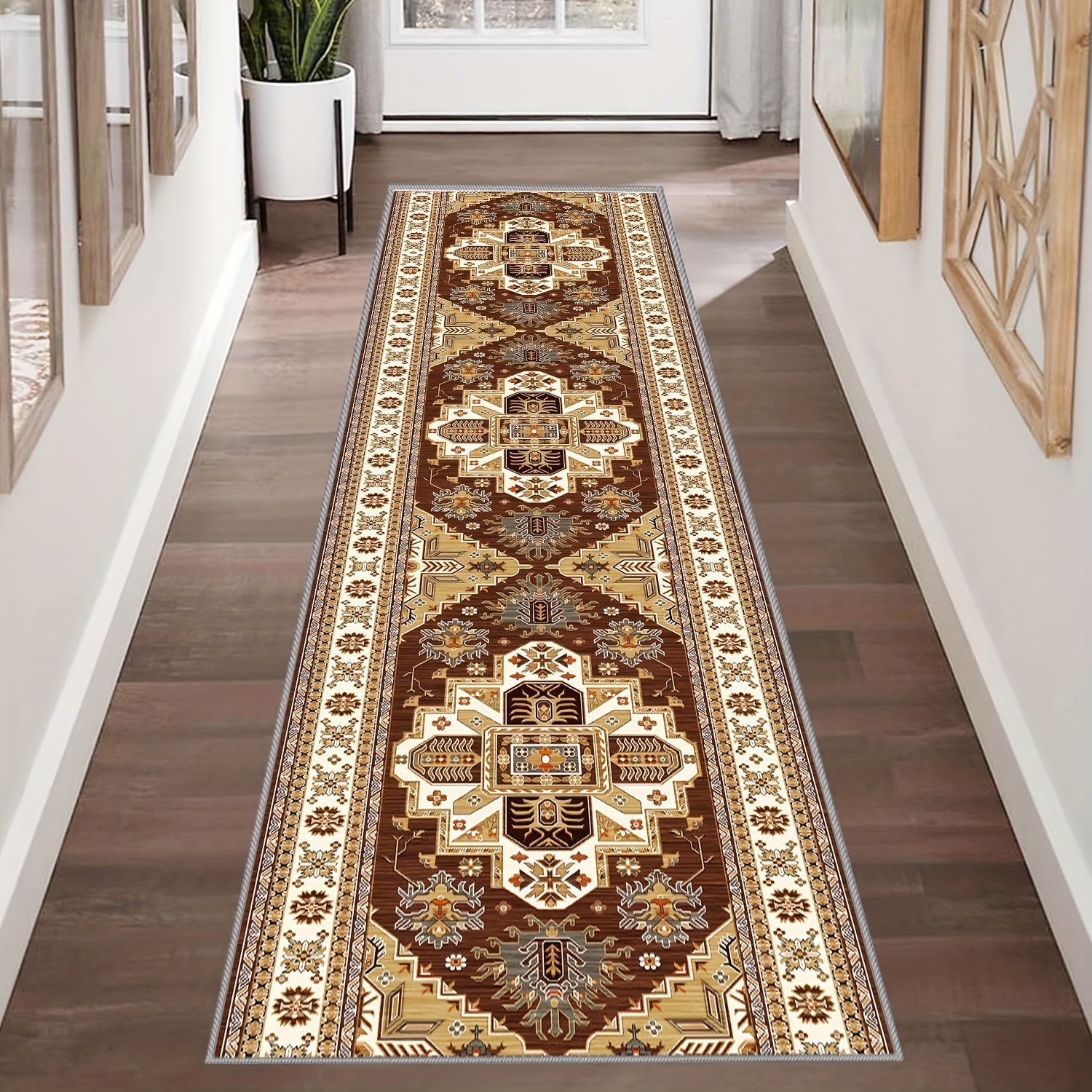 1 pieza de Alfombra Corredora de Terciopelo Cristal de 850g con Espesor de 0.7cm y Base Antideslizante - Lavable en Máquina, Patrón Geométrico de Lujo Moderno en Marrón/Beis/Blanco/Azul/Rojo para Pasillo, Sala de Estar, Dormitorio, Uso Interior/Exterior