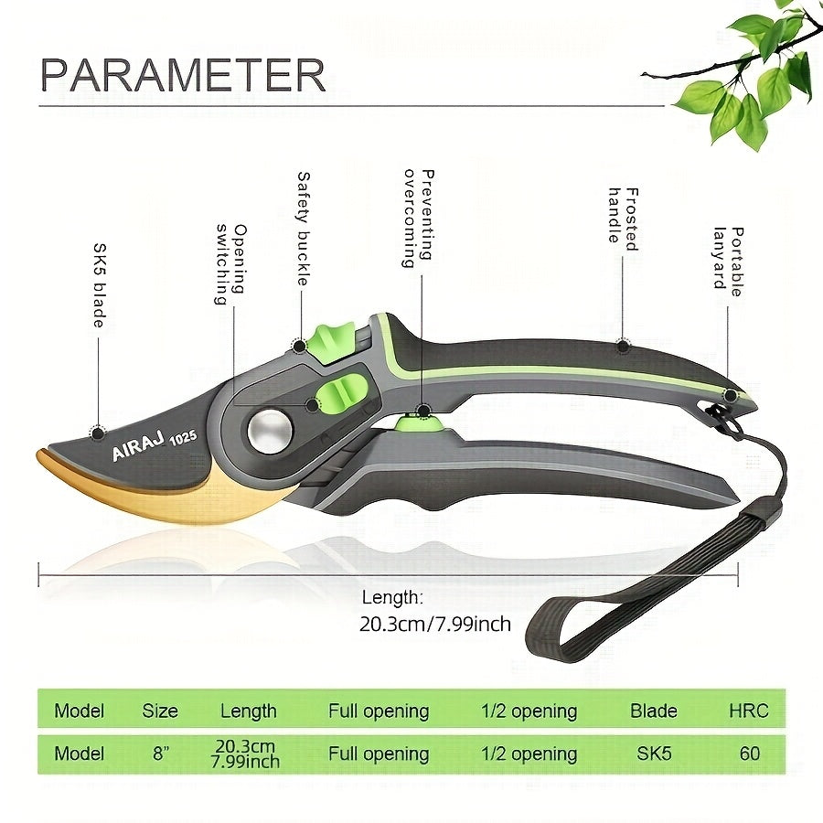 Tijeras de poda AIRAJ 1025 de 8 pulgadas - Hojas afiladas de acero inoxidable, seguro de bloqueo, anti-rust, mango ergonómico, tijeras de jardinería duraderas para cortar ramas y ramas, herramienta de jardín | Tijeras con mango ergonómico | Filos cortant