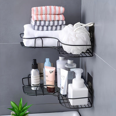 Estante de ducha de esquina de hierro fundido - Estante de almacenamiento de baño montado en la pared que no requiere taladrar, con diseño de malla de alambre de metal negro para un fácil acceso y organización, perfecto para champú, acondicionador y jabó