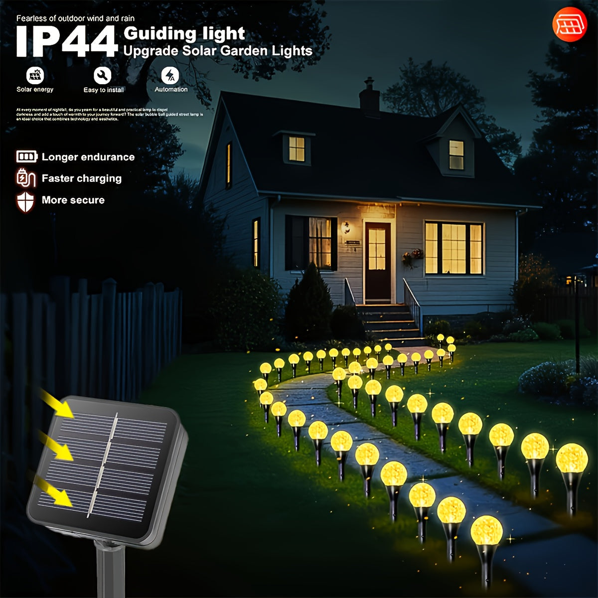 Paquete de 20 Luces Solares para Jardín al Aire Libre - Encendido/Apagado Automático, Carga Solar con Batería de Litio, Instalación en Estaca para Césped, Bodas, Fiestas y Patios - Decoraciones de Bolitas Amarillas Doradas - Construcción Duradera en Plás
