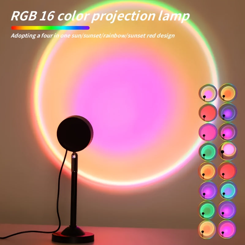 Linterna de Proyección de Atardecer con 16 Cambios de Color LED y Base Giratoria de 180° - Luz Ambiental para Dormitorio, Sala de Estar, Control Remoto, Iluminación Romántica USB, Lámpara de Mesa para Ambiente, Control sin varillas