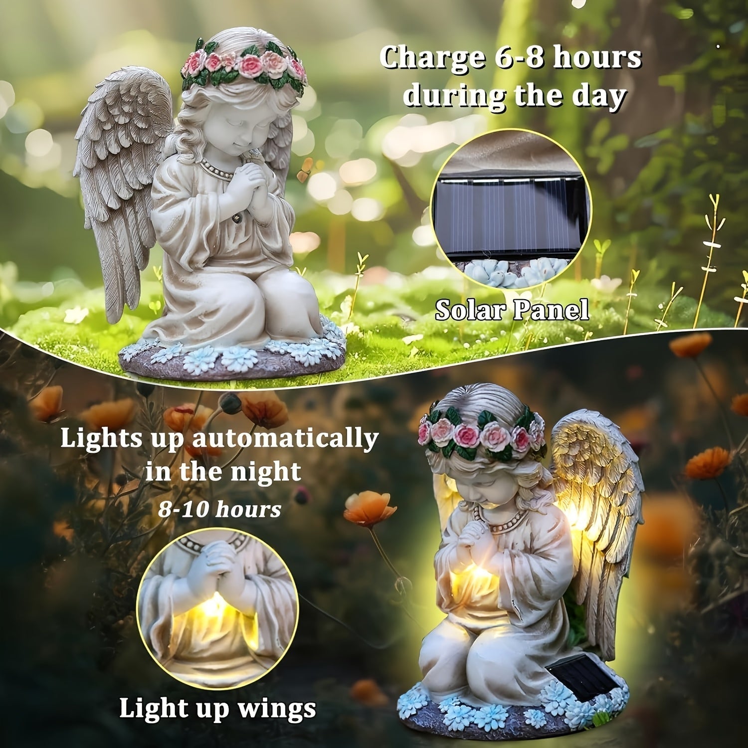 Estatuilla de Ángel Solar con Batería Integrada - Figura Coleccionable Temática de Dibujos Animados, Detalles Florales y Orbe Luminoso, Decoración Duradera para Interiores/Exteriores en Navidad, Halloween, Día de la Madre, San Valentín, Acción de Gracias