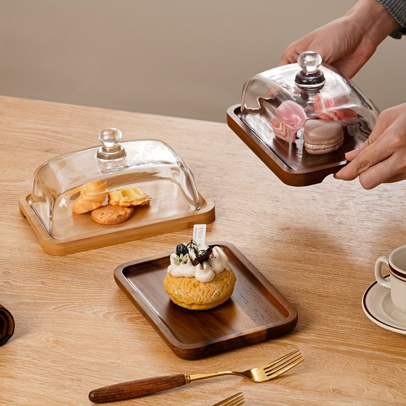 1 pieza, Caja de Queso de Madera con Tapa de Vidrio, Contenedor de Almacenamiento para Mantequilla y Queso, Plato de Postre, Soporte para Exhibición de Pasteles, Suministros de Cocina