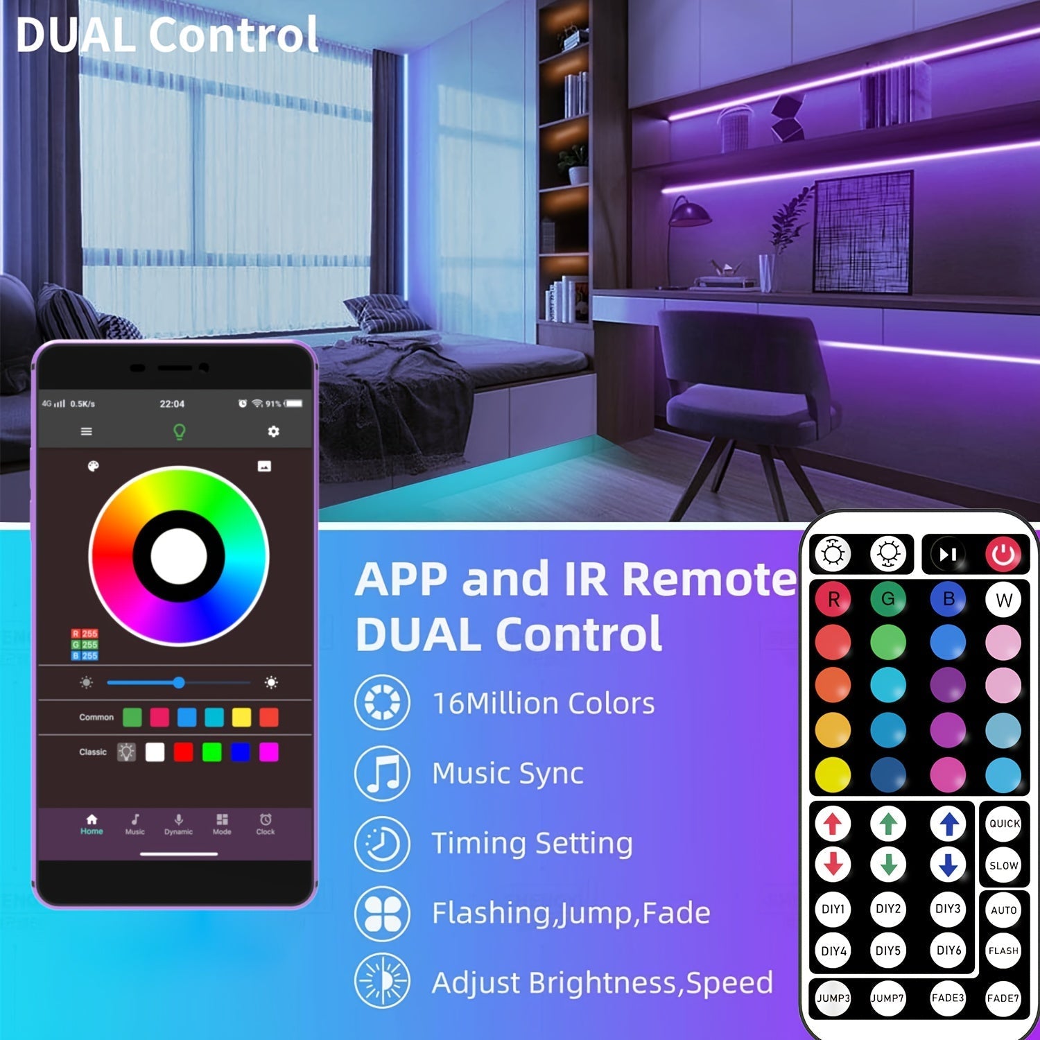 Tira de luces LED inteligente RGB con control por app, sincronización con música, cambio de color, alimentación por USB, incluye control remoto de 44 teclas, ideal para decoración de habitación, fiestas y festivales