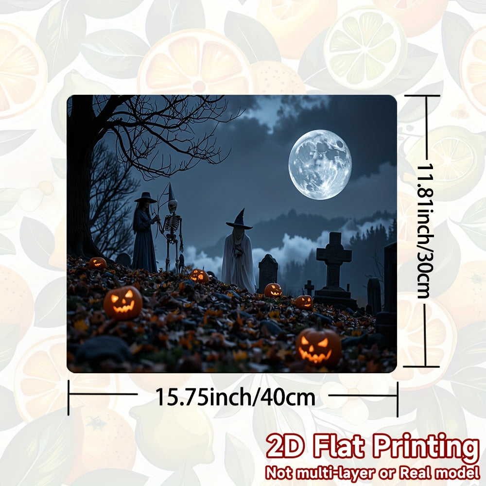 1pc Protector de Encimera para Cocina de Halloween - Decoración Espeluznante con Calabazas, Sombreros de Bruja y Escena de Cementerio - Superficie Antideslizante, Fácil de Limpiar en Poliéster para Estufa, Lavadora, Secadora, Cafetera - Ideal para Decora