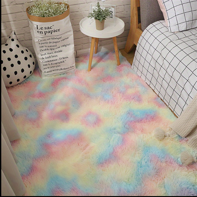 Alfombra de felpa lujosa con diseño tie-dye arcoíris - 100% poliéster, solo lavado a mano | Suave y acogedora para dormitorio y sala, colores pastel, ideal para decoración del hogar y comodidad, tapetes para sala