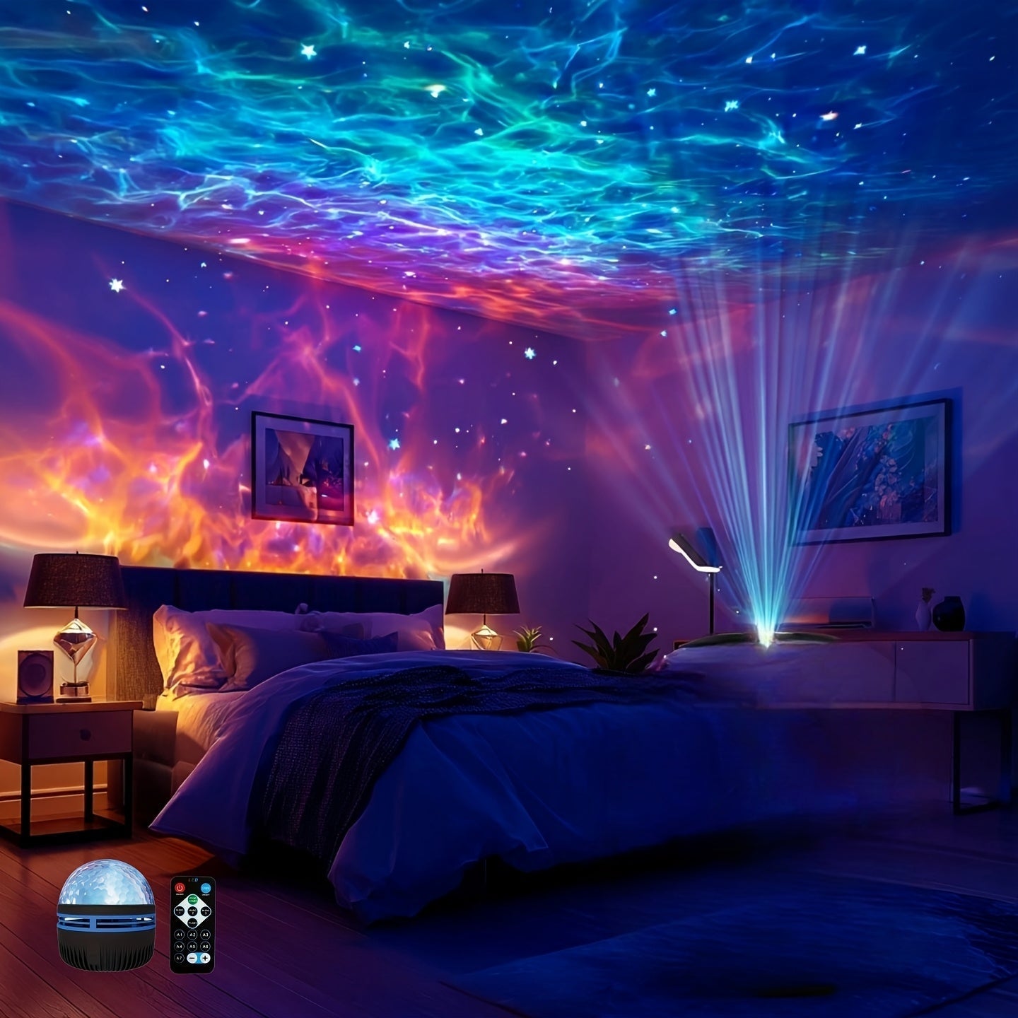 Lámpara de proyección para escenario de galaxia con LED RGB Interstellar, efecto de onda de aurora alimentado por USB, luz nocturna de dormitorio controlada a distancia, decoración de techo de cine en casa, decoración de camping y bodas, regalo de fiesta