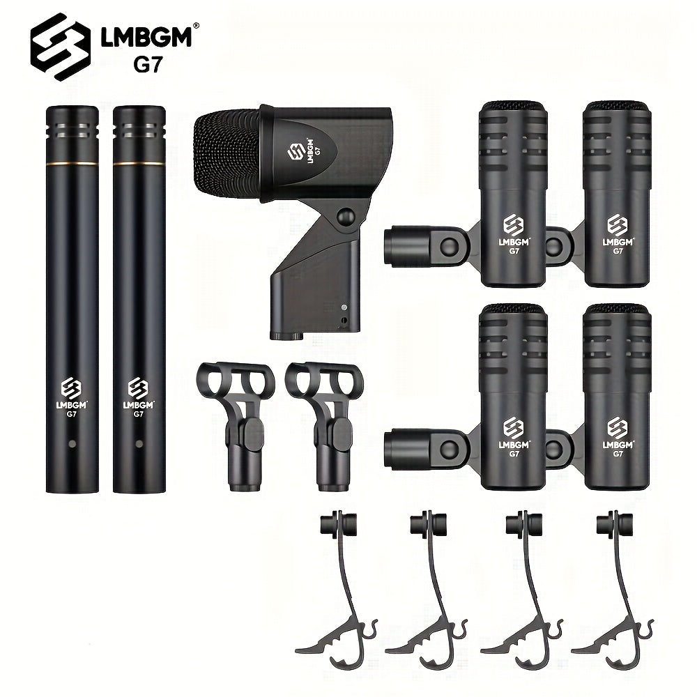 Kit de Micrófono para Instrumentos LMBGM G7 de 7 Piezas con Cable para Batería, Micrófono Dinámico para Bajo, Tom, Platillo y Charles, Uso para Batería, Voz, Banda, DJ, Escenario y Grabación Instrumental en Vivo