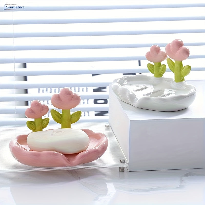 Porta jabón ovalado de plástico con diseño floral, soporte autoescorriente para todas las estaciones, accesorio lindo para baño y cocina