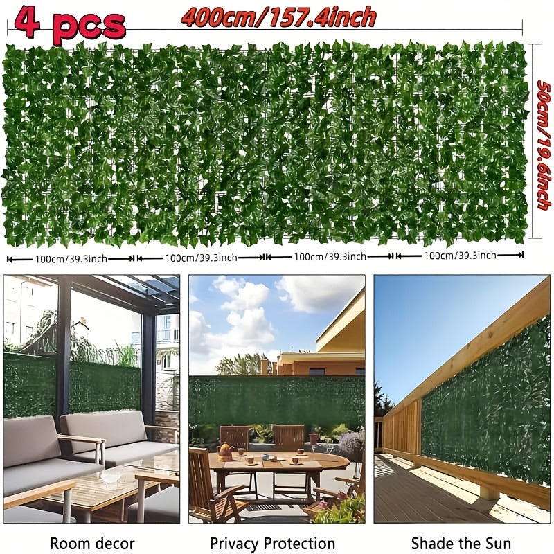 4 Paneles de Hiedra Artificial Resistentes a los UV, 4.0 metros x 50.01 cm, Pantalla Verde Duradera - Ideal para Uso Exterior/Interior: Patio, Jardín, Decoración de Bodas y Fiestas, Sin Mantenimiento, Impermeable, Diseño en Rejilla, Materia Resistente al
