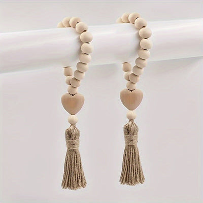 1 pieza de guirnalda de cuentas de madera con borla en forma de corazón - Decoración romántica para el hogar en el Día de San Valentín, estilo moderno, cuentas de madera natural, no requiere batería, ideal para sala de estar o dormitorio.