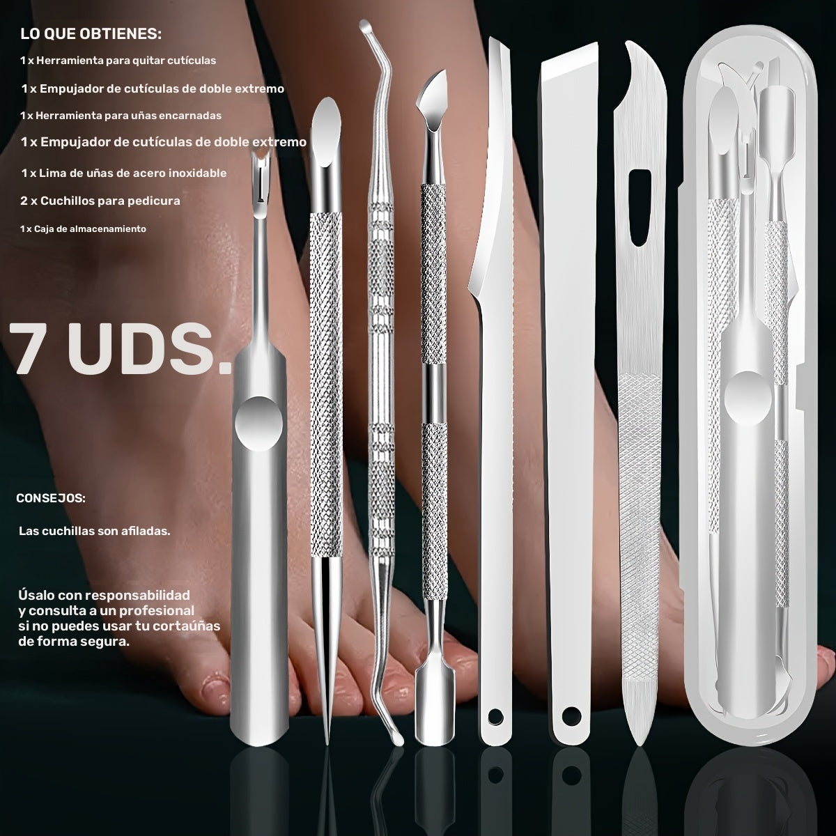 Kit de cuidado de uñas de acero inoxidable, 7 piezas: juego de cortacutículas de precisión y cortador de callosidades, sin aroma, incluye lima y limpiador de uñas, regalo perfecto para mujeres, piel muerta, regalos para el Día de la Madre, personas mayor