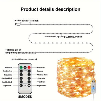 1pieza Árbol de Navidad y Luces de Hadas con Alimentación USB, 8 Modos, Control Remoto, Clasificación IP44 - Ideal para Hogar, Boda, Fiesta, Cumpleaños, Decoraciones de Halloween, Acento de Sala Festivo|Acento de Sala Festivo|Luces LED Duraderas, Decorac
