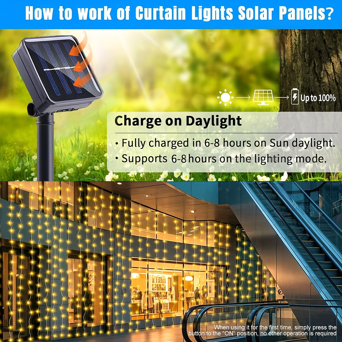1pc Cortina de Luces Solares Hada - 9.8Ft x 97.54/198.12/298.7 cm, 8 Modos de Iluminación - adecuada para Terrazas Exteriores, Caravanas, Tiendas de Campaña, Jardines y Balcóns, Carga Solar, Regalos Festivos - Navidad, Halloween, Ramadán, Luz Decorativa