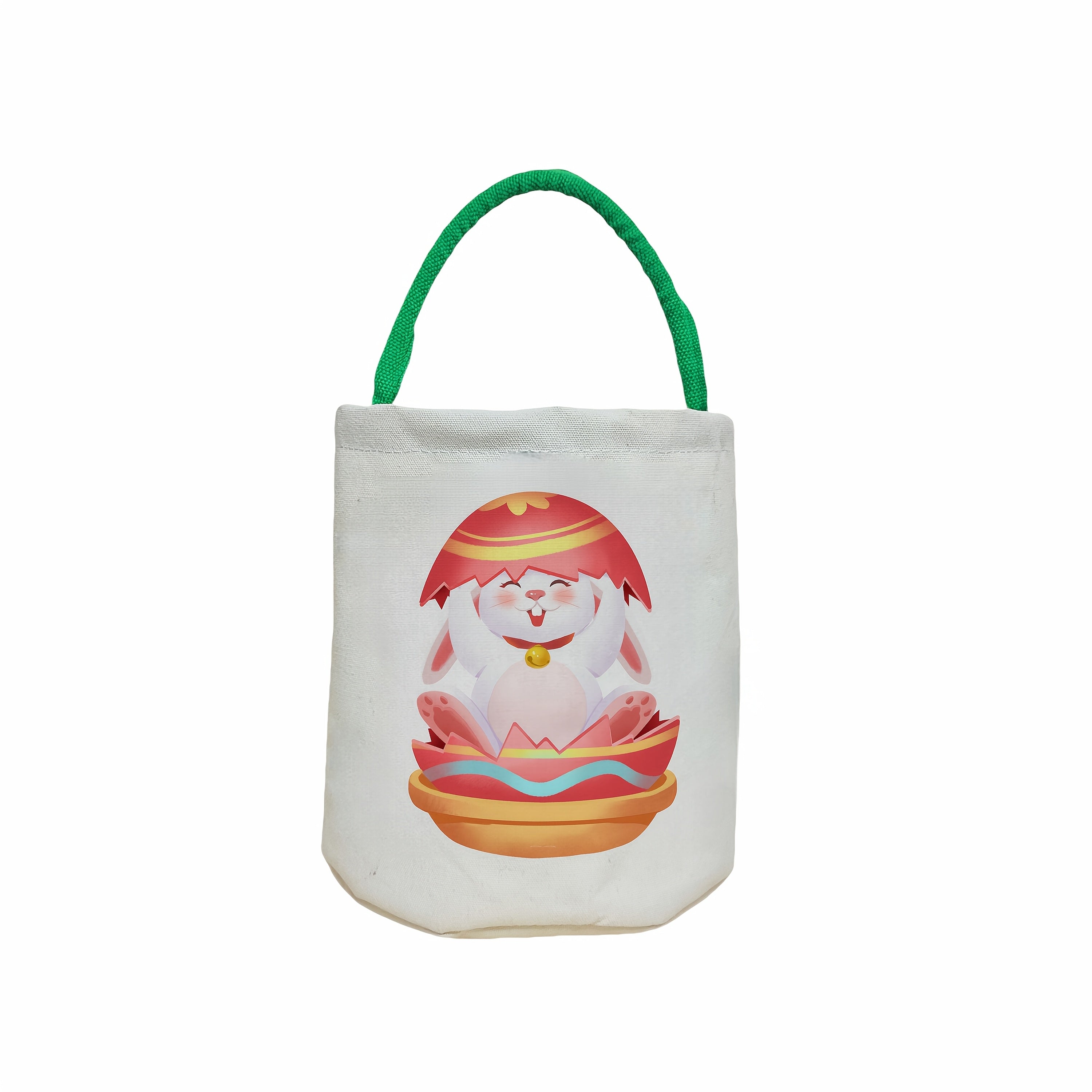 Una canasta de Pascua redonda con un diseño de conejo con asas, adecuada para niños y niñas. Perfecta para decorar con huevos de Pascua, juguetes, libros y regalos para las vacaciones.