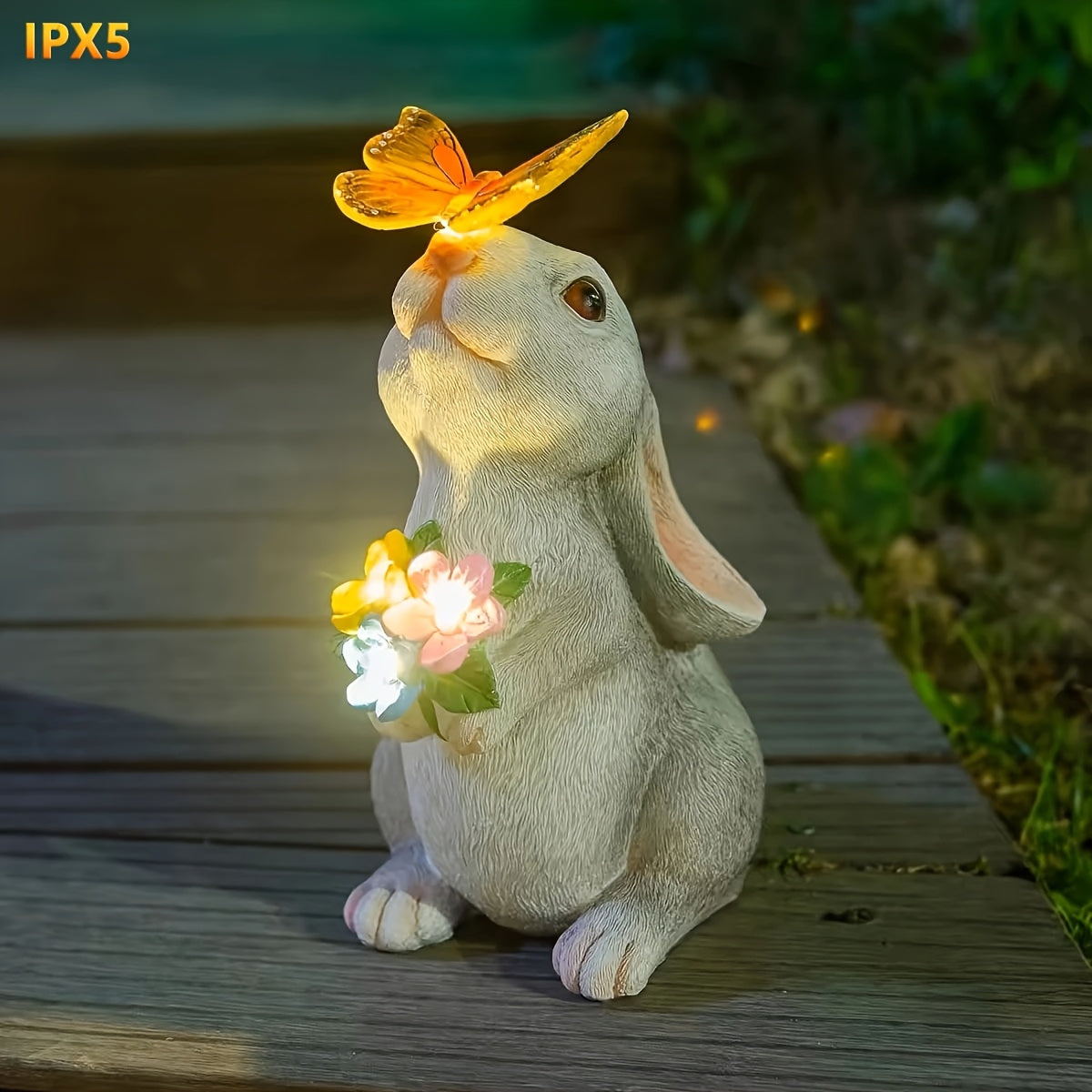 Lámpara solar decorativa de conejo y mariposa, opción de cambio de color o fija, ideal para decoración exterior y regalos de temporada