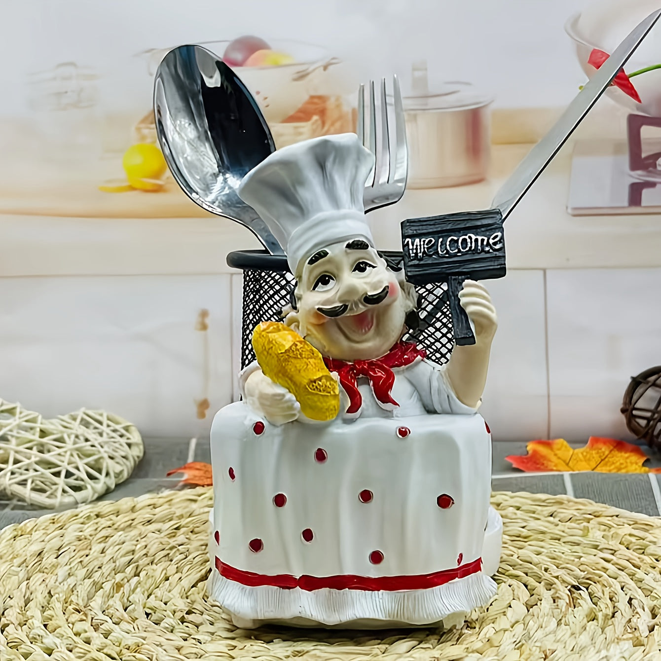 Soporte para Toalla de Acero Inoxidable con Diseño de Chef de Dibujos Animados (1 pieza) - Decoración de Cocina en Metal Pulido con Letrero de Bienvenida, Sombrero y Bigote de Lunares Rojos para Hogar, Restaurantes, Cafeterías