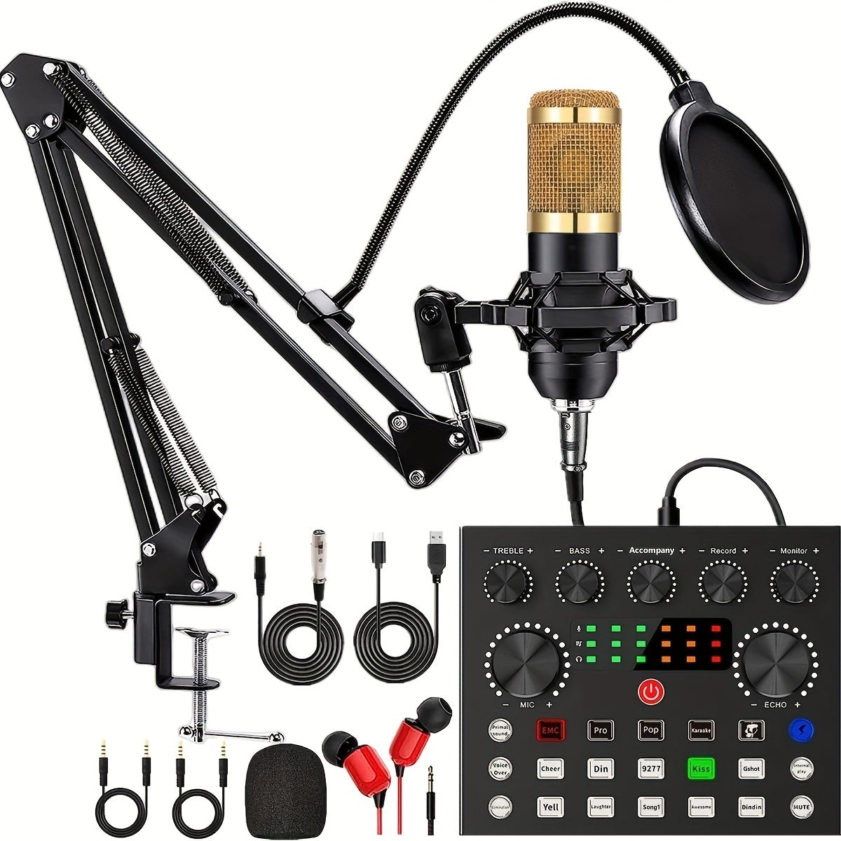 Kit de Podcast con Micrófono de Condensador BM800, Interfaz de Audio V8s con Tarjeta de Sonido En Vivo Todo en Uno, Alimentado por USB/Batería, Conector Jack de 3.5mm, Control de Volumen, Batería de Litio Recargable, Material PP, para Grabación, Transmis