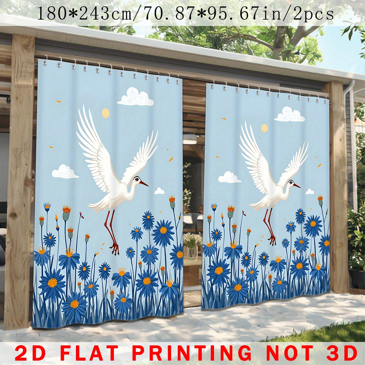 1/2 Piezas de Cortinas para Exteriores, Diseño Minimalista con Estampado 3D de Grulla Blanca – Ideal para Patios, Gazebos y Jardines en Todas las Estaciones – Incluye Ganchos, Decoración para Halloween, Navidad, Bodas y Fiestas