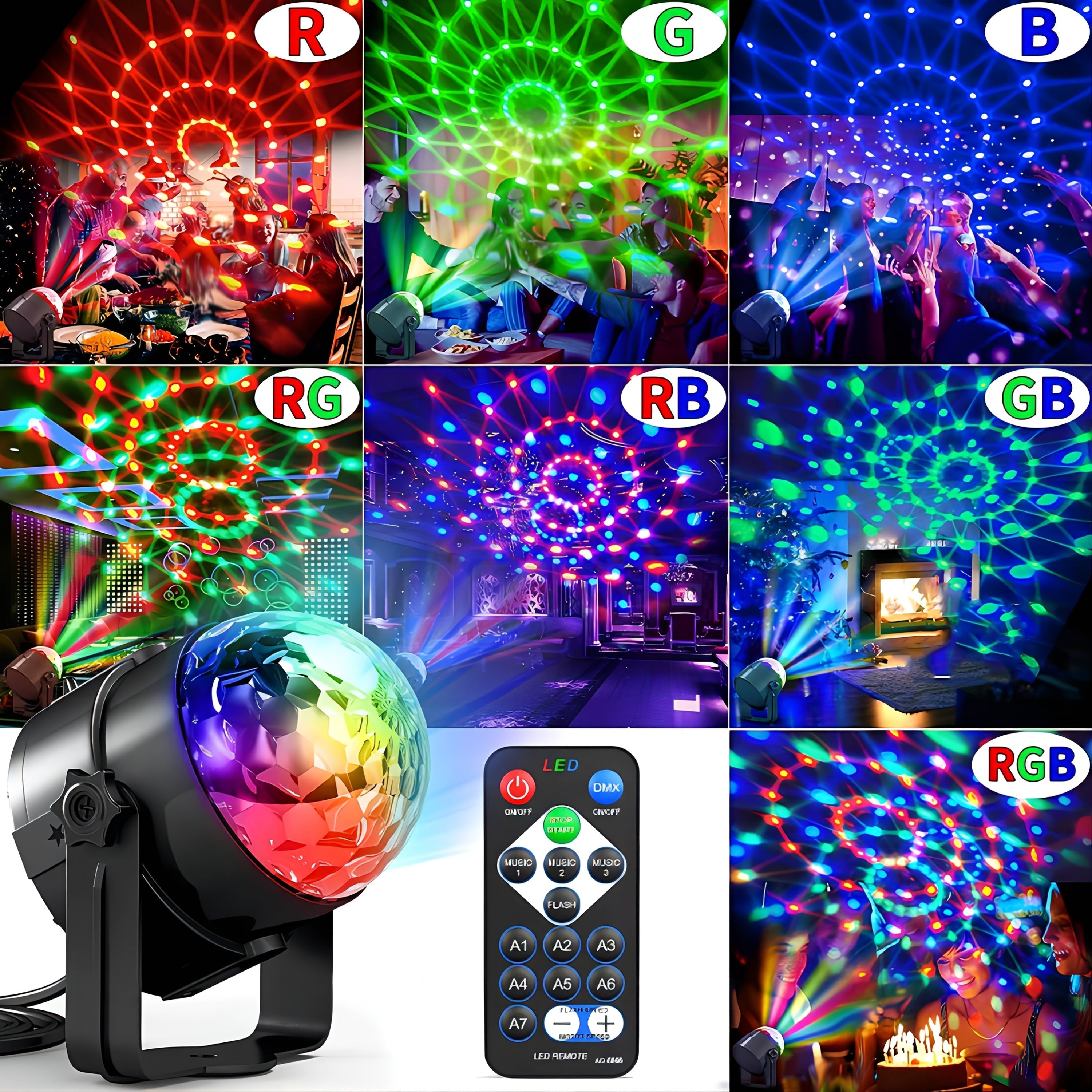 2 piezas de luces de bola de disco LED de 7 colores MSLITELY con control remoto - Decoración de fiestas en interiores, alimentación por USB, luces giratorias coloridas para el hogar, bar, café, iluminación de café | Ambiente colorido | Plástico duradero