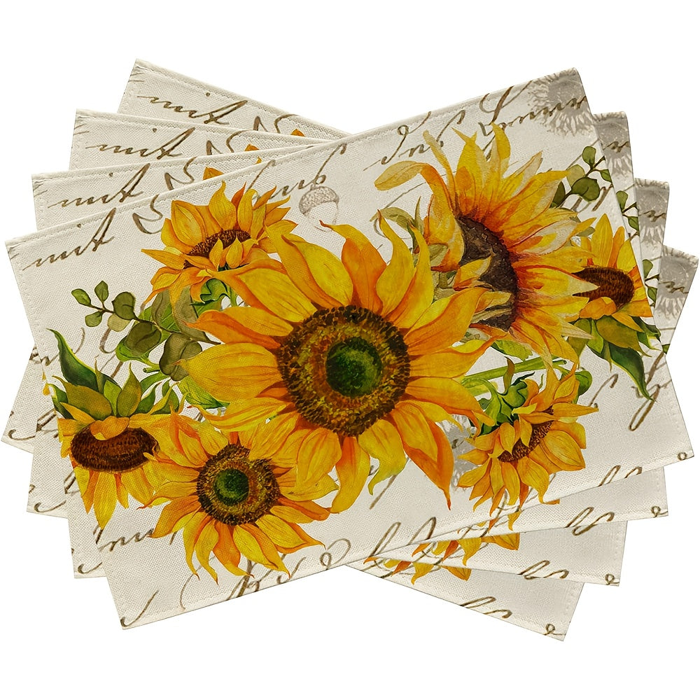 4-Unidades de Placemats de Girasol, 30.48x45.72 cm de Poliéster Rectangular Mats de Mesa, Lavable a Mano Tejido Decorativo Place Mats con Diseño de Flor de Girasol y Hojas de Eucalipto Vintage Amarillo para Decoración de Hogar y Cocina