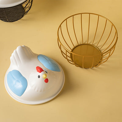 Canasta de Almacenamiento de Huevos en Forma de Gallina Moderna con Tapa de Malla Dorada - Organizador Doble Uso para Encimera, Guarda Huevos y Objetos Pequeños, Diseño Blanco y Rosa