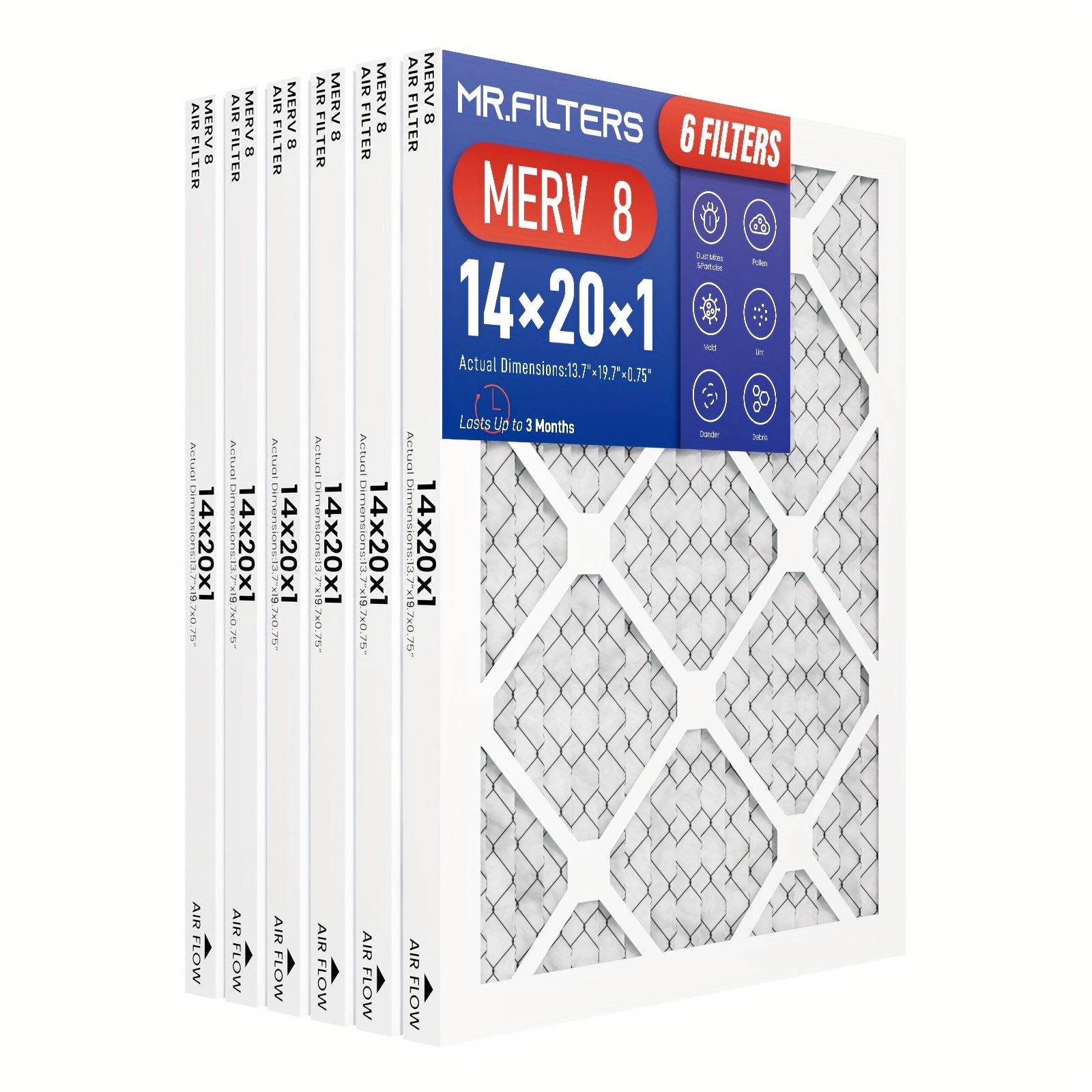 Filtros de aire Mr.Filters 14x20x1 (paquete de 6) - Filtros plisados de alta eficiencia para HVAC y hornos con metal y PET - Filtro de horno compatible, captura polvo y polen, opciones MERV 8, MERV 11