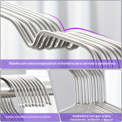 Conjunto de 20 Perchas Metálicas Premium - Antideslizantes, Resistentes y Antióxido, Acero Inoxidable con Acabado Pulido, Ranuras Mejoradas para el Hombro para Organización del Armario, Estantería Ahorradora de Espacio para Abrigos, Vestidos y Más, Ideal