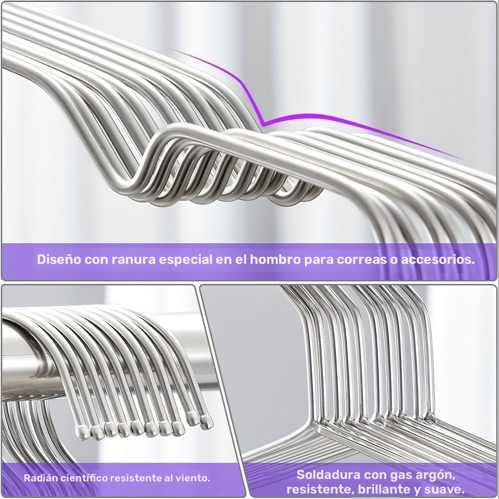 Conjunto de 20 Perchas Metálicas Premium - Antideslizantes, Resistentes y Antióxido, Acero Inoxidable con Acabado Pulido, Ranuras Mejoradas para el Hombro para Organización del Armario, Estantería Ahorradora de Espacio para Abrigos, Vestidos y Más, Ideal