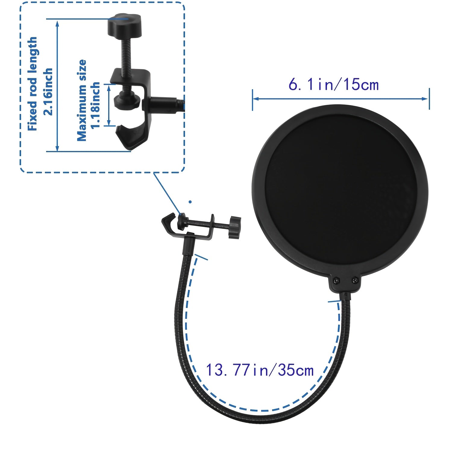 1pc Filtro de malla doble de 6 pulgadas con malla insonorizante, abrazadera de goose neck de 360 grados, brazo estable para karaoke en vivo, grabación de voz en estudio - Negro