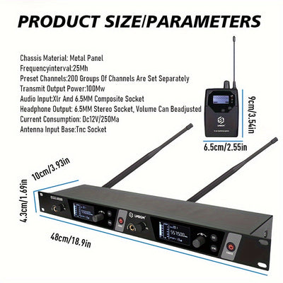 Sistema inalámbrico de monitoreo de audio LMBGM AR2080-10 UHF de 2 canales, aleación de aluminio, conector de 6.35 mm, alimentado por corriente eléctrica, 110-130V, enchufe estadounidense, ideal para escenarios, bandas, estudios y músicos - Incluye 10 re
