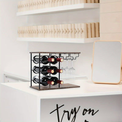 Un moderno y minimalista soporte para vinos creativo para uso en el hogar, capaz de contener 6 botellas y 4 vasos. Este soporte para vinos independiente es adecuado para hogares, cocinas, mesas de bar, bodegas de vinos y armarios, lo que lo convierte en