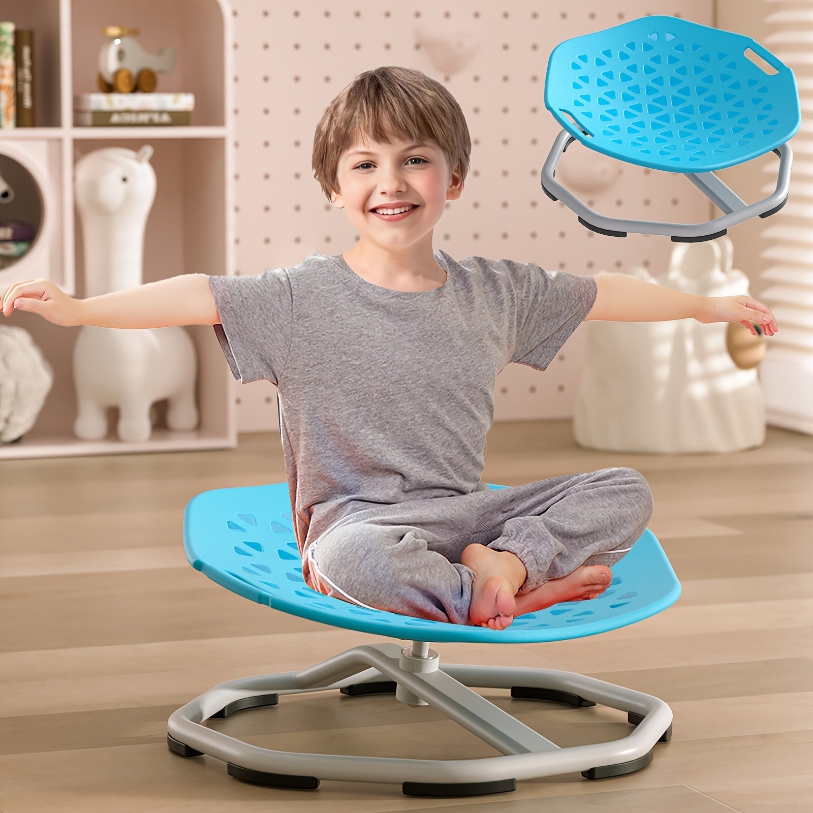 Asiento Giratorio Sensorial para Niños – Azul y Gris, Asiento de Carrusel con Base Metálica Antideslizante, Mejora la Coordinación Corporal, Ideal para Niños, Silla Infantil