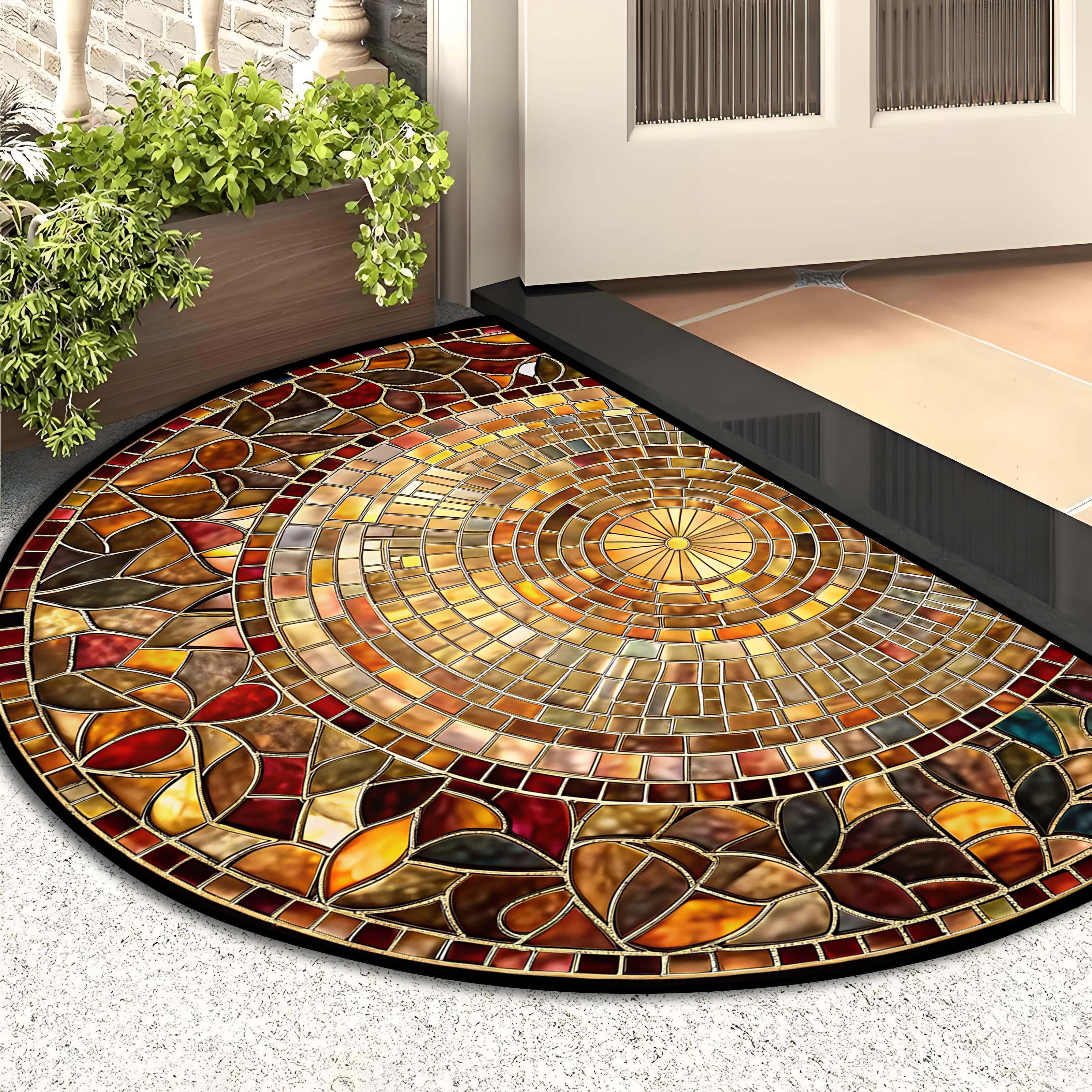 1pz Felpudo con Diseño de Hojas - Tapete Semicircular de Terciopelo Diamante Dorado, 1000g por Metro Cuadrado, Lavable en Máquina, Diseño de Mosaico Vibrante, Adecuado para Entrada, Dormitorio, Sala de Estar, Cocina y Más Decoración del Hogar