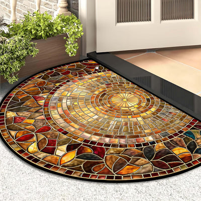 1pz Felpudo con Diseño de Hojas - Tapete Semicircular de Terciopelo Diamante Dorado, 1000g por Metro Cuadrado, Lavable en Máquina, Diseño de Mosaico Vibrante, Adecuado para Entrada, Dormitorio, Sala de Estar, Cocina y Más Decoración del Hogar