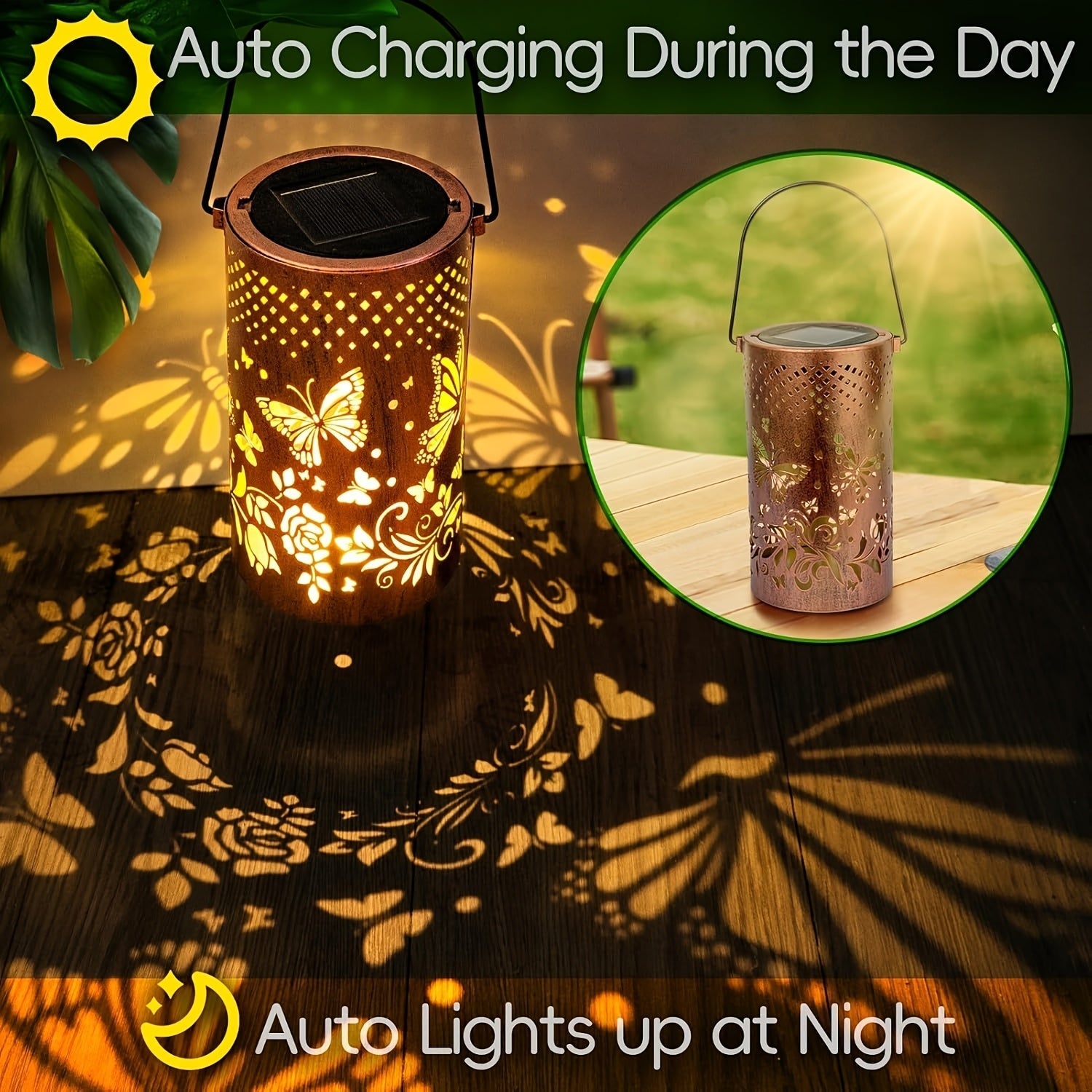 Luz de Jardín con Proyección de Mariposas Alimentada por Energía Solar - Farol Metálico Decorativo con Recortes Florales y de Mariposas, Brillo Cálido para Ambiente en Patio, Balcón o Césped, Regalo Ideal para Amigos y Familia, Decoraciones de Mariposas
