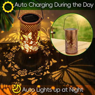 Luz de Jardín con Proyección de Mariposas Alimentada por Energía Solar - Farol Metálico Decorativo con Recortes Florales y de Mariposas, Brillo Cálido para Ambiente en Patio, Balcón o Césped, Regalo Ideal para Amigos y Familia, Decoraciones de Mariposas
