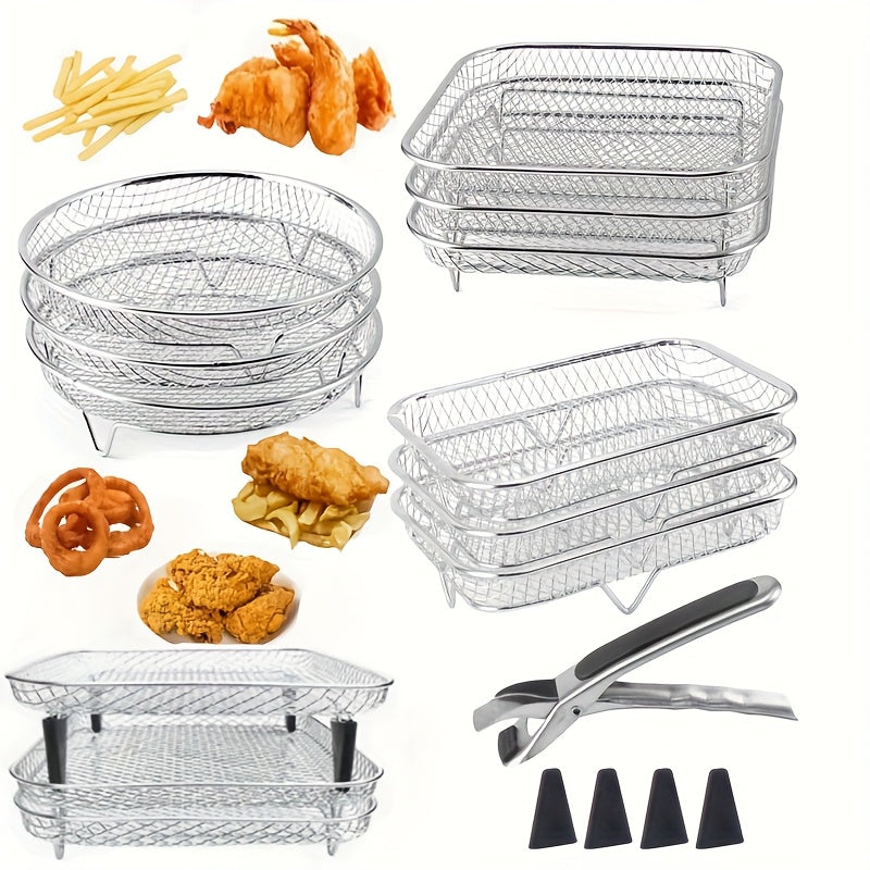 Juego de Accesorios para Freidora de Aire de Acero Inoxidable de 8 Piezas: Estante Apilable, Pinzas y Alfombrilla Elevadora - Estante de Tres Niveles Saludable para Freidoras de Doble Cesta, Lavavajillas Seguro, Compatibilidad con Horno, Olla Presión y l