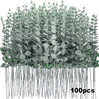 100 piezas de tallos de eucalipto artificiales, hojas de verde artificial, ramas de eucalipto de plástico para centro de mesa de bodas, ramo de flores, decoración de hogar de granja, ocasión de compromiso - Verde oscuro