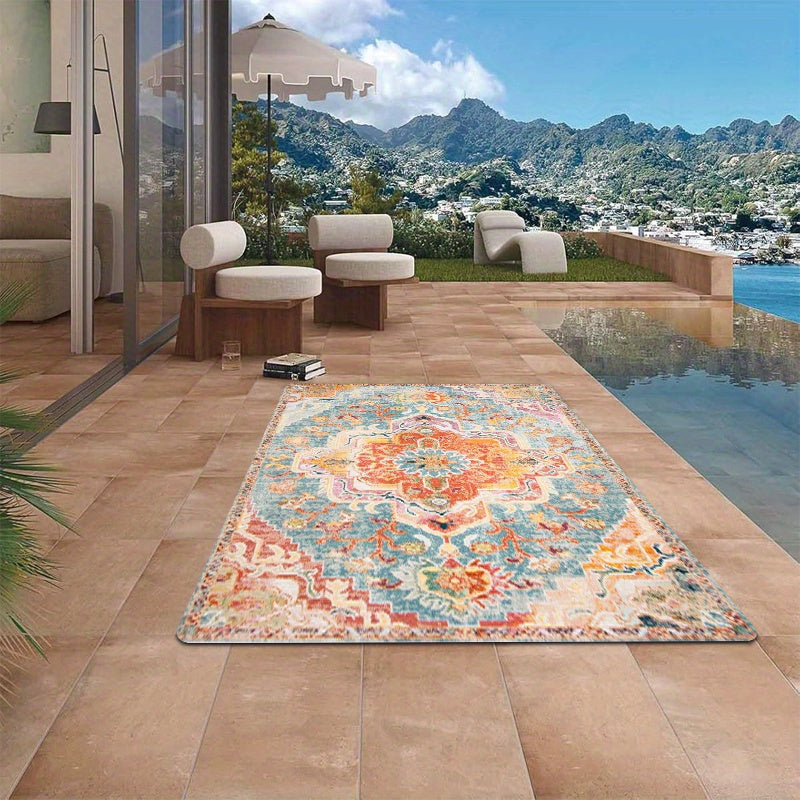 1 pieza de alfombra de área al aire libre bohemio vintage - Suave, lavable a máquina poliéster, alfombra rectangular ligera con patrón floral, antideslizante, duradera para RV, camping, pícnic, balcones, suelos de madera dura - Ideal para decoración de h