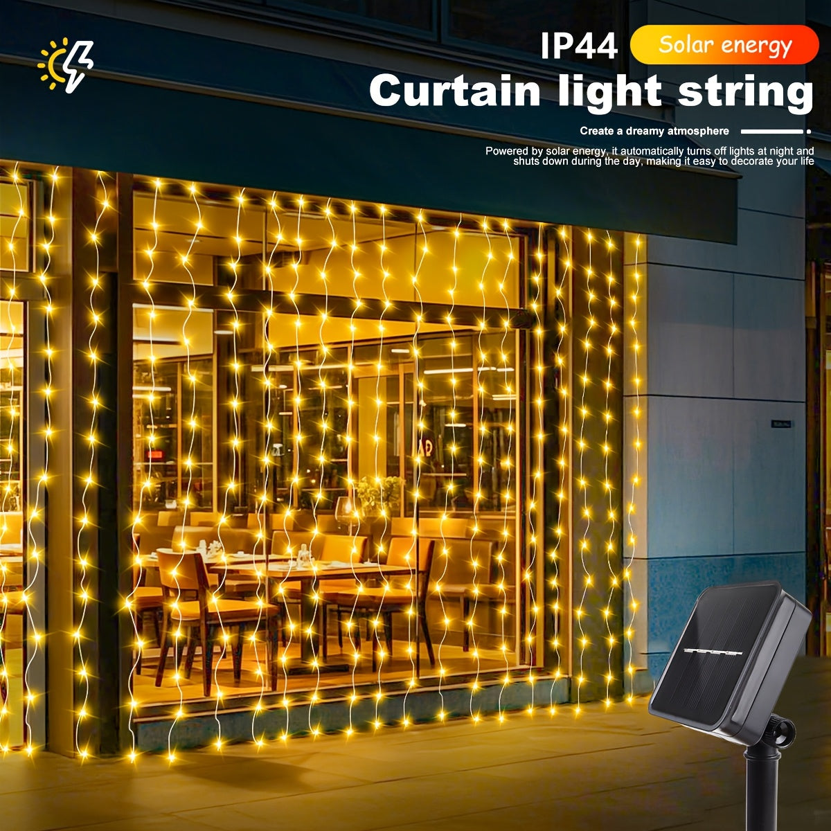 1pc Cortina de Luces Solares Hada - 9.8Ft x 97.54/198.12/298.7 cm, 8 Modos de Iluminación - adecuada para Terrazas Exteriores, Caravanas, Tiendas de Campaña, Jardines y Balcóns, Carga Solar, Regalos Festivos - Navidad, Halloween, Ramadán, Luz Decorativa